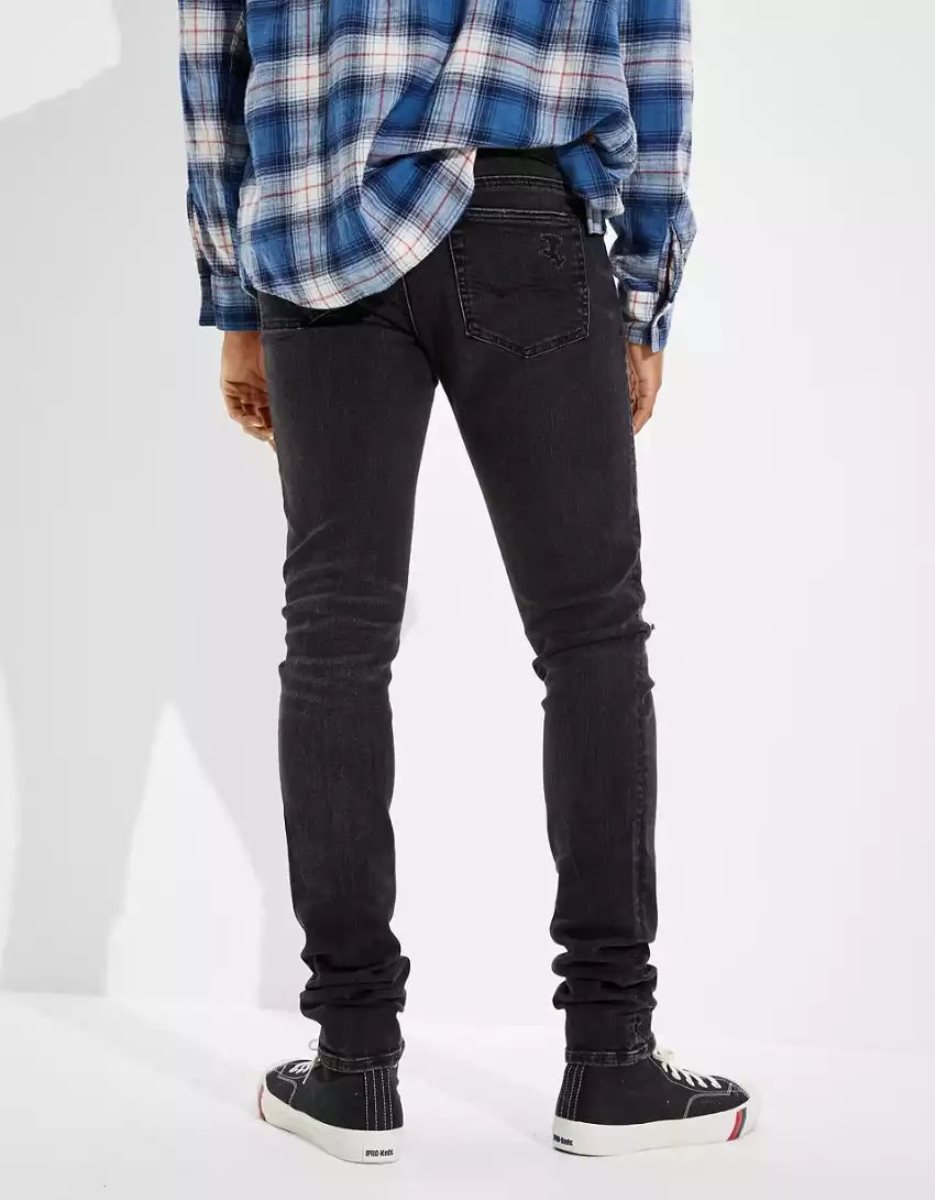 Jean American Eagle AE AirFlexPatched Stacked Mince Noir Homme | FTA-70284715